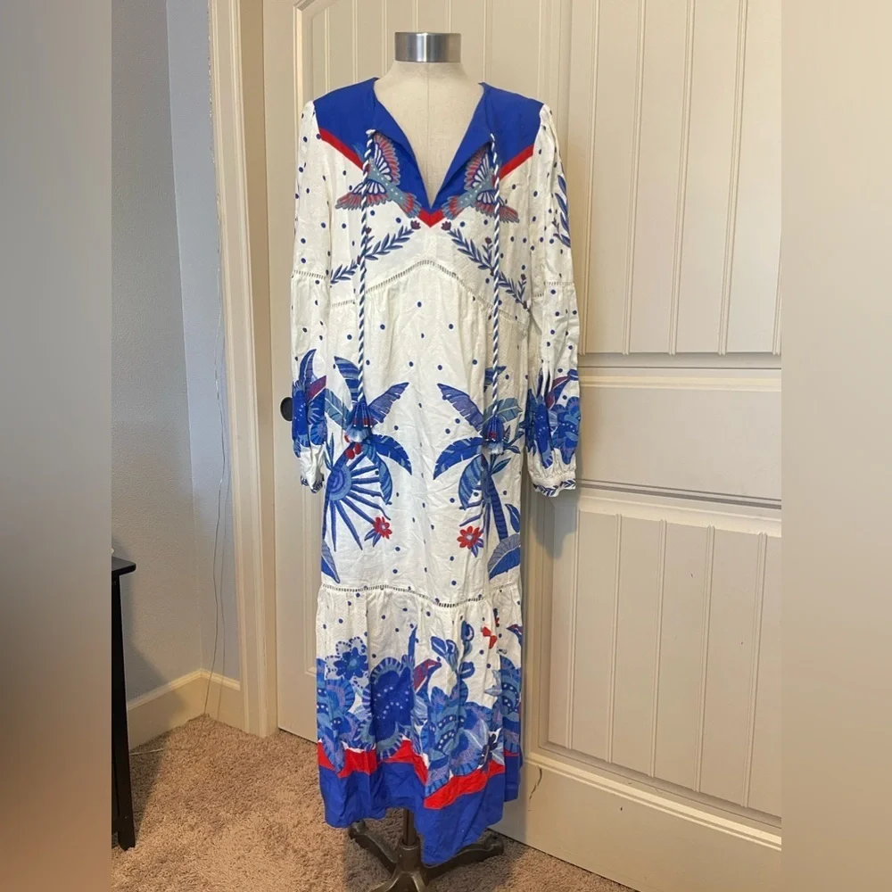 FARM Rio Blue and Red Midi Dress - Picture 1 of 7